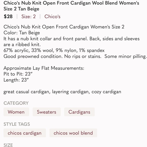 Chico's Nub Knit Open Front Cardigan Wool Blend Women's Size 2 Tan Beige - Picture 13 of 14
